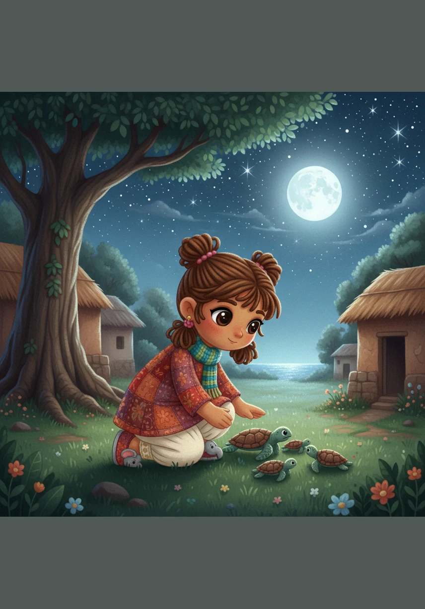 गांव में गहरी रात हो चुकी है और आसमान अनगिनत चमकते सितारों से भरा हुआ है। चारों तरफ सन्नाटा है और हल्की ठंडी हवा पेड़ों के पत्तों को धीरे से सहला रही है।