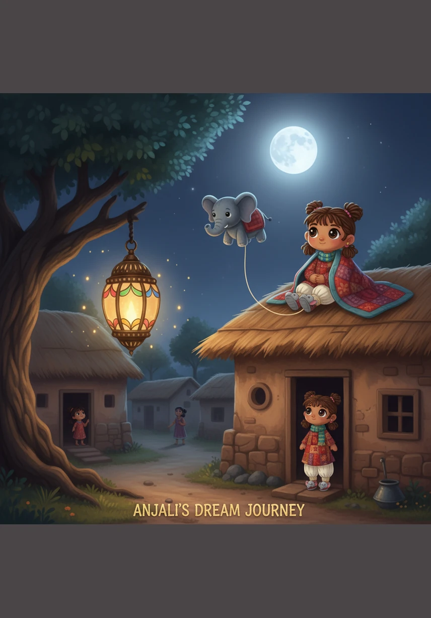 गांव के घरों की छतों पर बच्चे गहरी नींद में सो रहे हैं। उनके चेहरे पर चांदनी की सफेद रोशनी पड़ रही है और वे मीठे सपनों की दुनिया में खोए हुए हैं।