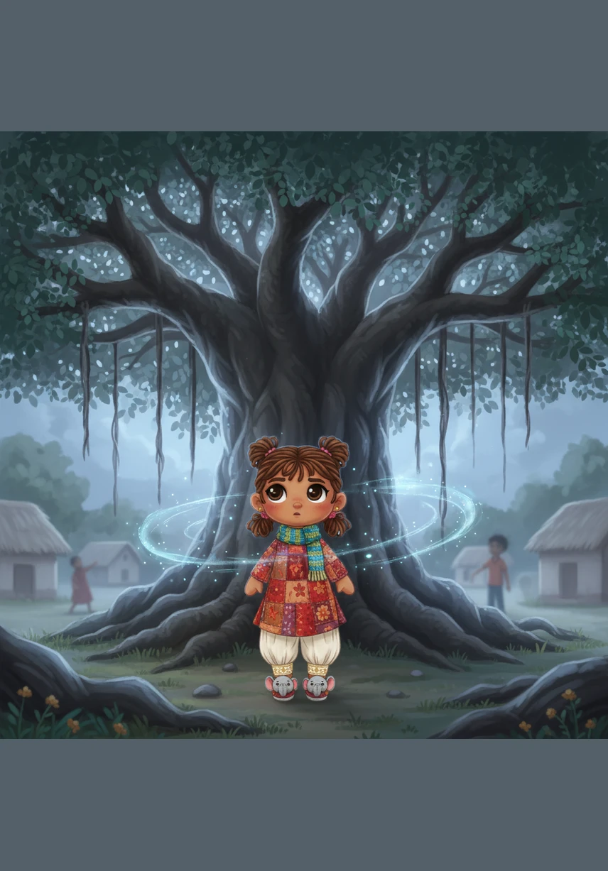 गांव का पुराना बरगद का पेड़ चांदनी में किसी विशाल रक्षक की तरह खड़ा है। अंजलि उसके पास रुकती है और हवा में गूंजती एक धीमी और मधुर फुसफुसाहट सुनती है।