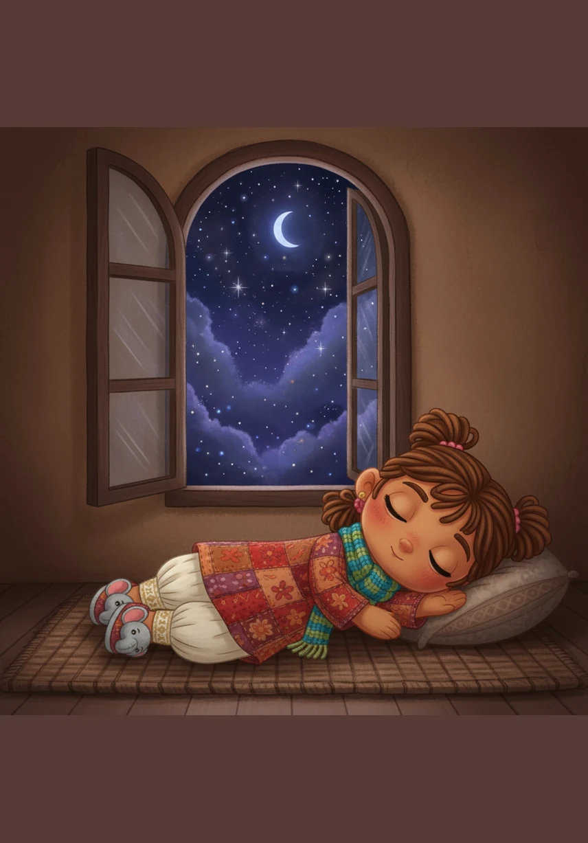 अंजलि अपनी चटाई पर लेट जाती है और खिड़की से दिखते सितारों को देखते हुए सो जाती है। सुबह होने तक वह इसी सुंदर और रहस्यमयी रात के सपनों में डूबी रहेगी।