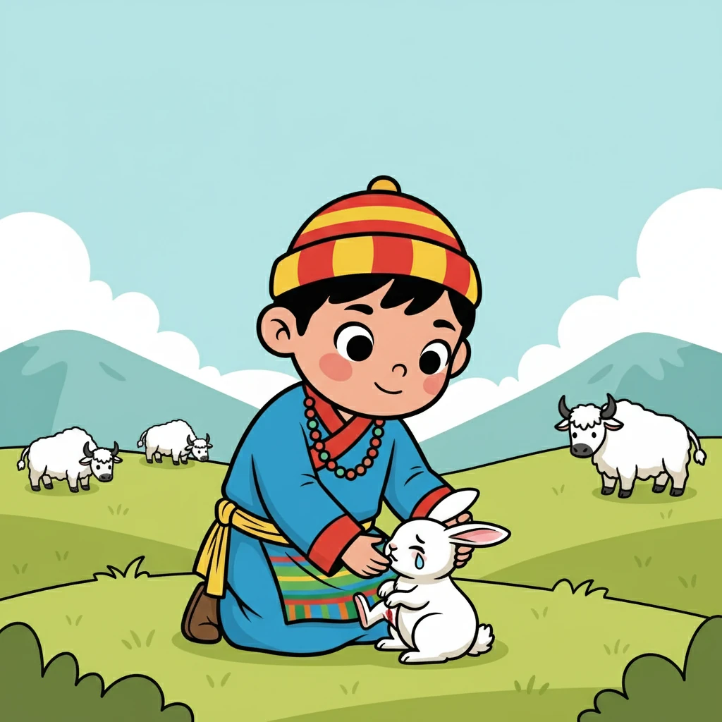 ཉིན་གཅིག་ལ། བསོད་ནམས་ཀྱིས་ཁྱིམ་གྱི་ཕྱུགས་ཟོག་ལ་ལྟ་སྐྱོང་བྱེད་བཞིན་པའི་སྐབས། ཁོས་རི་བོང་ཆུང་ངུ་ཞིག་རྐང་པ་ལ་རྨས་སྐྱོན་ཕོག་ནས་ཡོད་པ་མཐོང་།