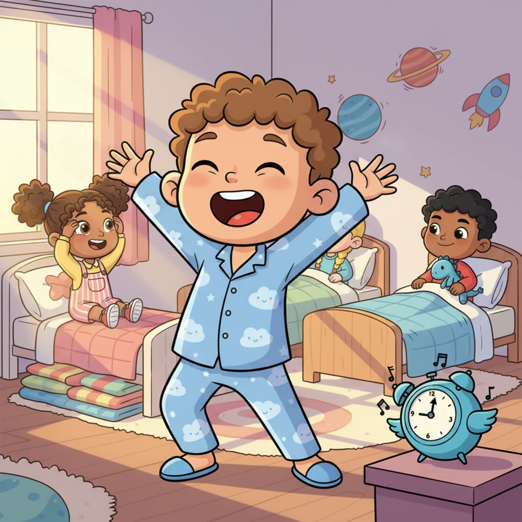 Bright morning sunbeams danced through the window, tickling Leo's nose as he stretched with a big yawn. His older siblings, Alex, Chloe, and Mia, were already stirring, their beds a cheerful mess of colorful blankets. A playful alarm clock shaped like a wobbly bird chirped its final tune, signaling the start of a brand-new day.