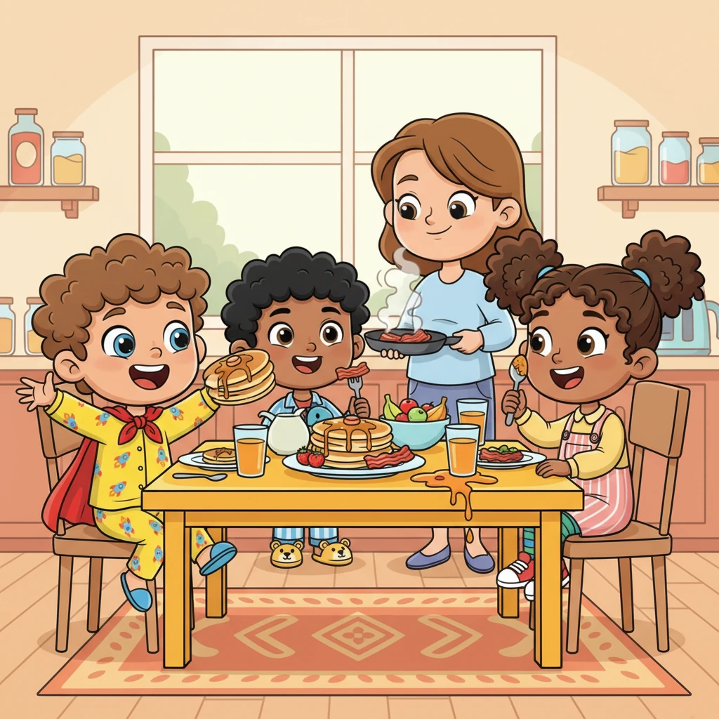 Downstairs, the kitchen buzzed with the delicious smell of pancakes and sizzling bacon. The whole family gathered around the vibrant breakfast table, plates piled high with yummy food. Laughter and happy chatter filled the air as they shared stories and plans for the day ahead, a spilled drop of juice adding to the cheerful chaos.