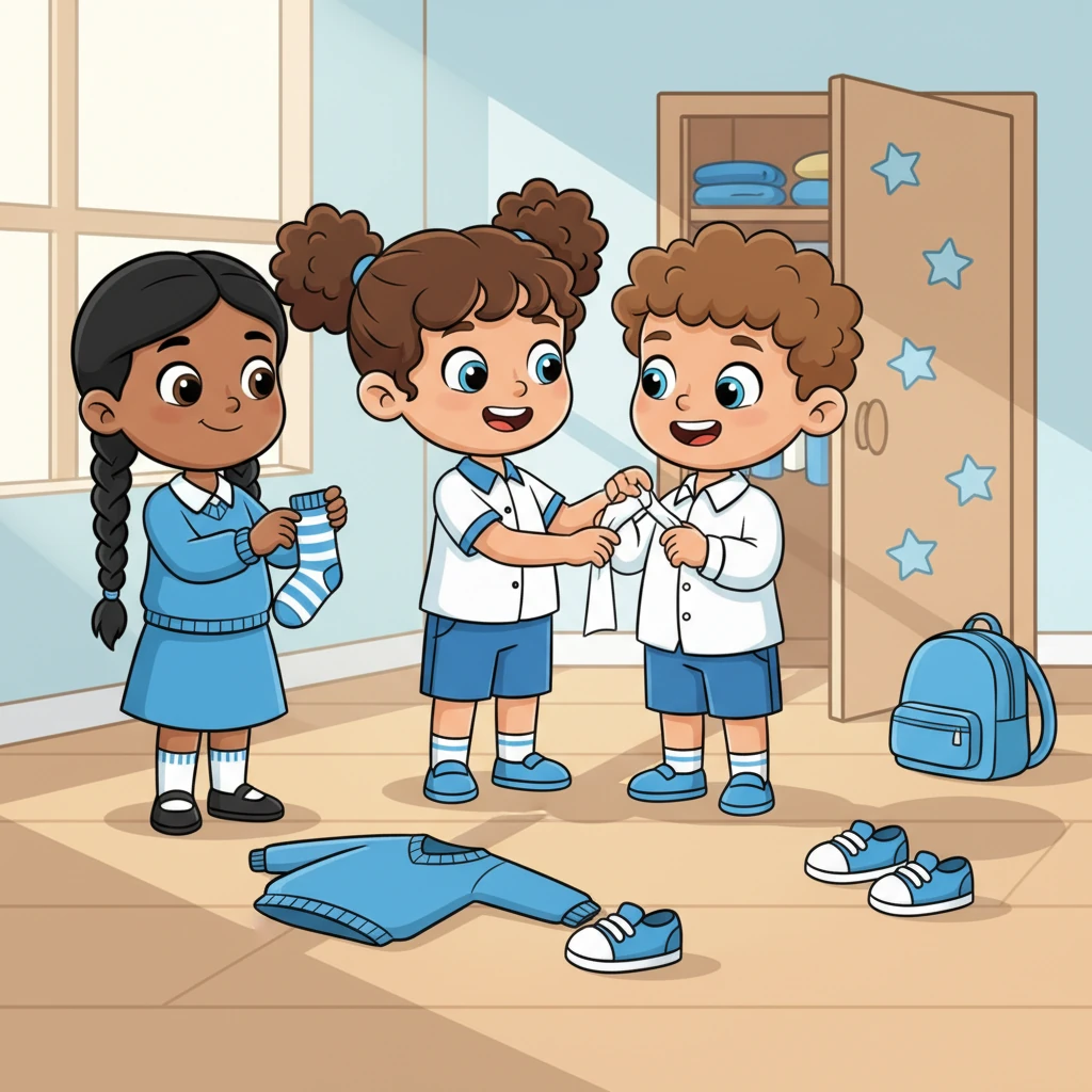 Next up was the great uniform challenge! Alex, Chloe, Leo, and Mia each pulled on their crisp, matching school uniforms, a rainbow of blue and white. They helped each other with buttons and zippers, making sure every shirt was tucked and every sock was straight, ready for a day of learning.