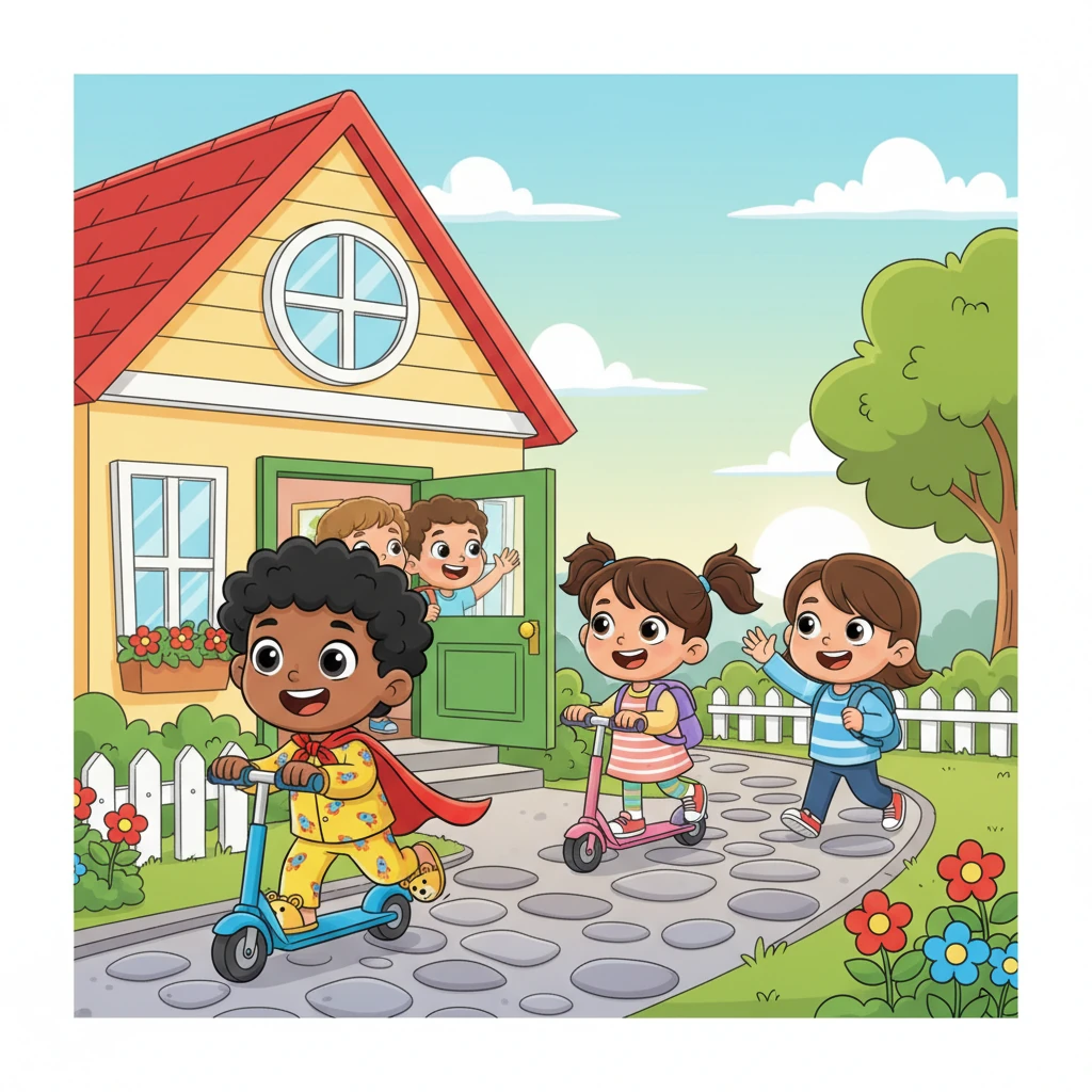With backpacks bouncing and smiles wide, the Bright children skipped out the door, waving goodbye to their parents. Alex and Chloe walked ahead, chatting animatedly, while Leo and Mia zoomed on their scooters, eager for school adventures. The morning air was fresh and full of possibilities.