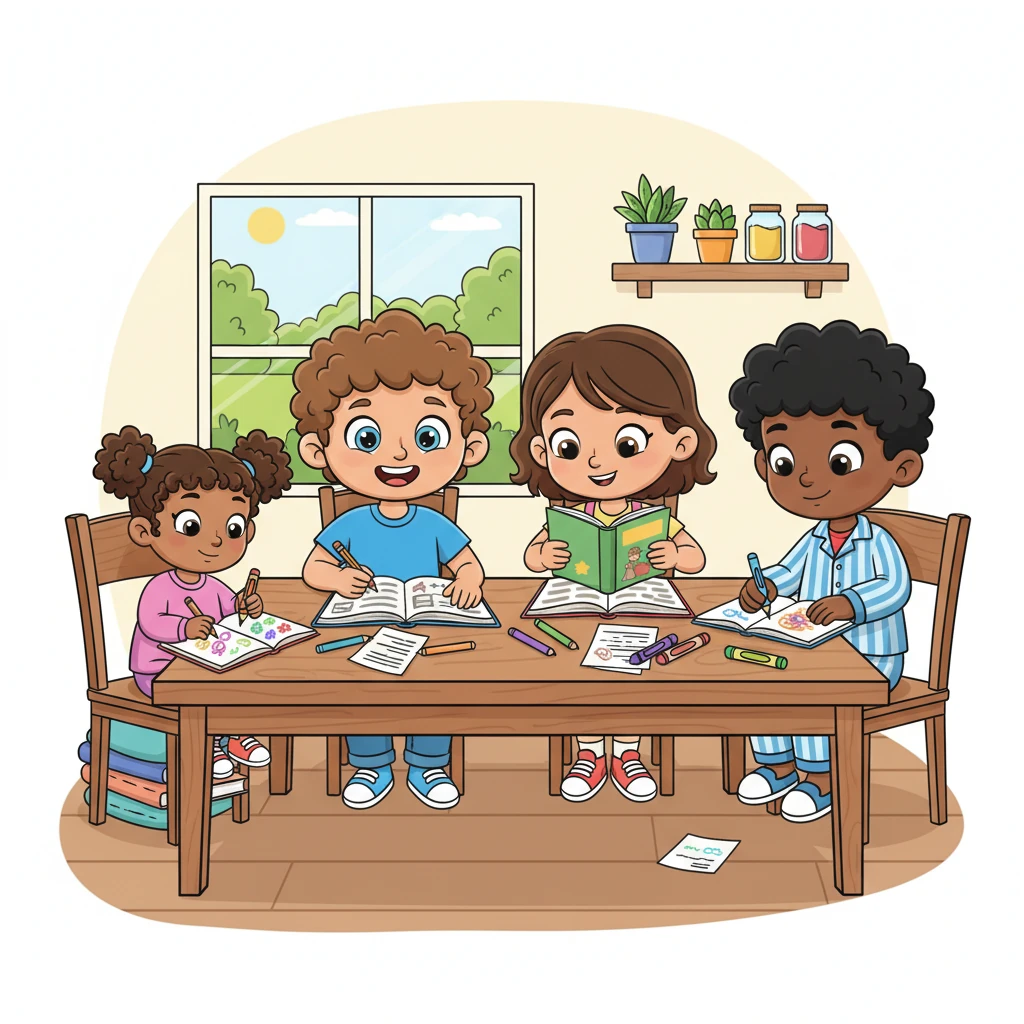 Soon, it was homework time! Alex, Chloe, and Leo gathered around the big kitchen table, pencils scratching and books open. Mia, not to be left out, busily drew colorful masterpieces in her own sketchbook, feeling just as studious as her older siblings.