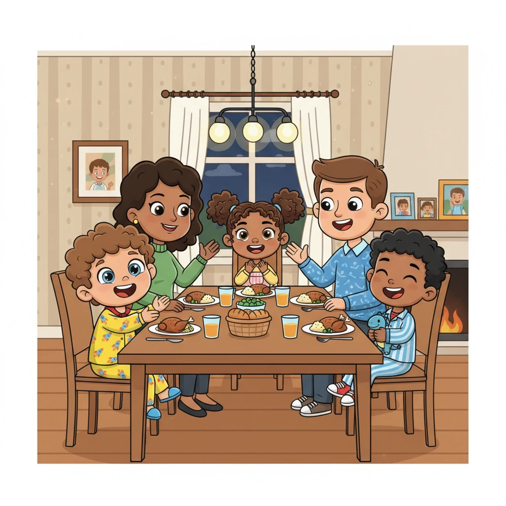 The aroma of a hearty dinner filled the house, bringing everyone together again at the table. Mama and Papa shared stories from their day, and the children recounted their school adventures, often with exaggerated gestures and boisterous giggles. It was a time for warmth, sharing, and delicious food.