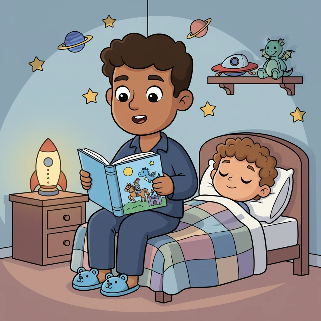 Finally, Papa sat by Leo's bed, a big, colorful storybook in hand. He read aloud, his voice warm and soothing, transporting Leo to a land of brave knights and friendly dragons. As Leo's eyelids grew heavy, he drifted off to sleep, dreaming of adventures and the love of his family.