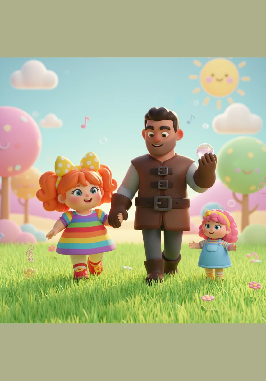 Lily skips through a field of cherry blossoms, her fluffy pink dress fluttering in the gentle wind. She is a burst of sunshine and sweetness, carrying a basket of strawberry treats and humming a cheerful tune to the birds.