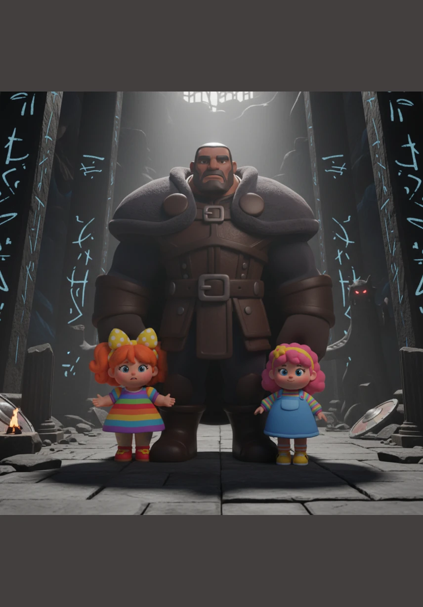 Deep within the obsidian halls of a mountain fortress, Kaelen stands like a silent statue carved from stone. His massive, muscular frame is draped in dark leather and shadows, his expression stern and unreadable as he stares into the hearth.