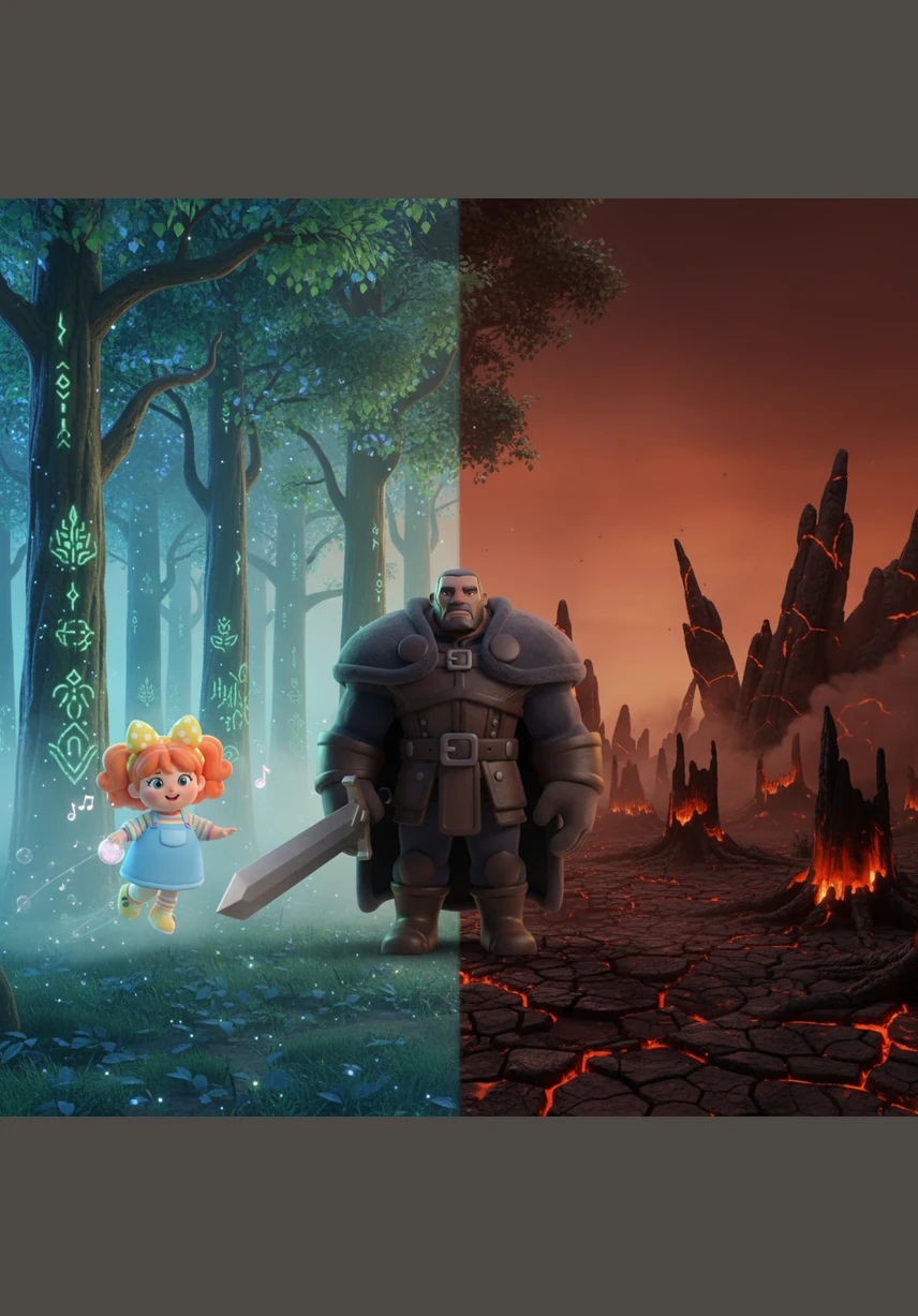 Their paths cross at the edge of the Whispering Woods, where the bright sunlight of the meadow meets the deep shadows of the pines. Lily looks up in awe at the towering, dark man, while Kaelen stares down at the tiny, vibrant girl who has wandered into his silent world.