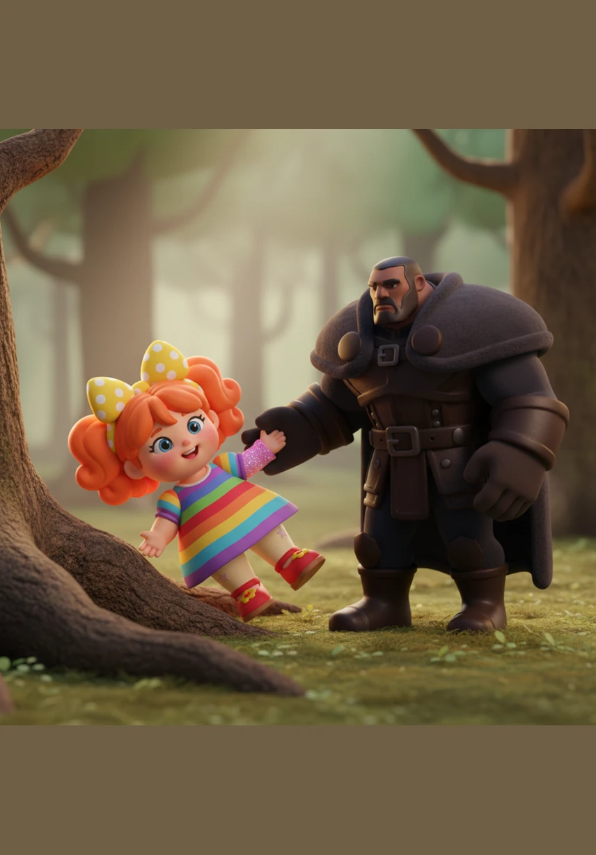 Lily accidentally trips over a gnarled tree root, and Kaelen’s massive hand catches her arm with surprising gentleness before she hits the ground. The contrast is striking as his dark, calloused skin brushes against her soft sleeve decorated with pink glitter.