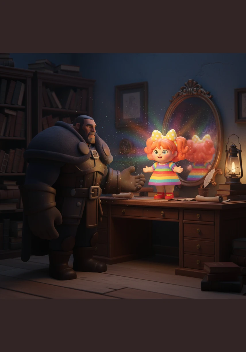 Back in the dim light of his study, Lily begins to decorate the dark corners with bright pink ribbons and jars of wildflowers. Kaelen watches her transform his somber space, realizing that his world feels much warmer with her colorful spirit inside it.