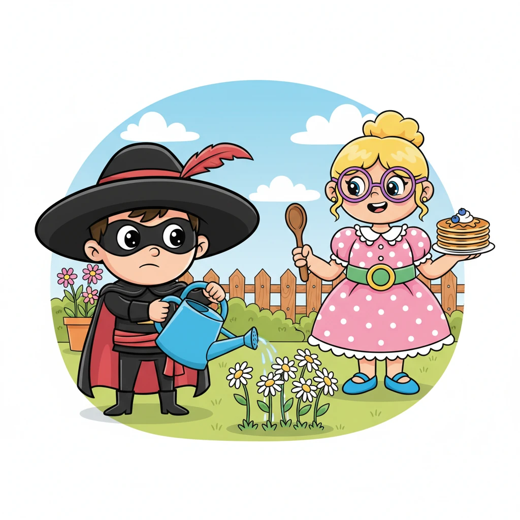 Η πρώτη του αποστολή τον περίμενε στον κήπο της κυρίας Μαρίας. Τα λουλούδια της ήταν διψασμένα και ο Δημήτρης-Ζορό έσπευσε να τα σώσει. Με αποφασιστικότητα, σήκωσε το μεγάλο ποτιστήρι και χάρισε ζωή στις μαραμένες μαργαρίτες. «Είσαι ο ήρωάς μου!» του είπε η κυρία Μαρία με ένα ζεστό χαμόγελο.