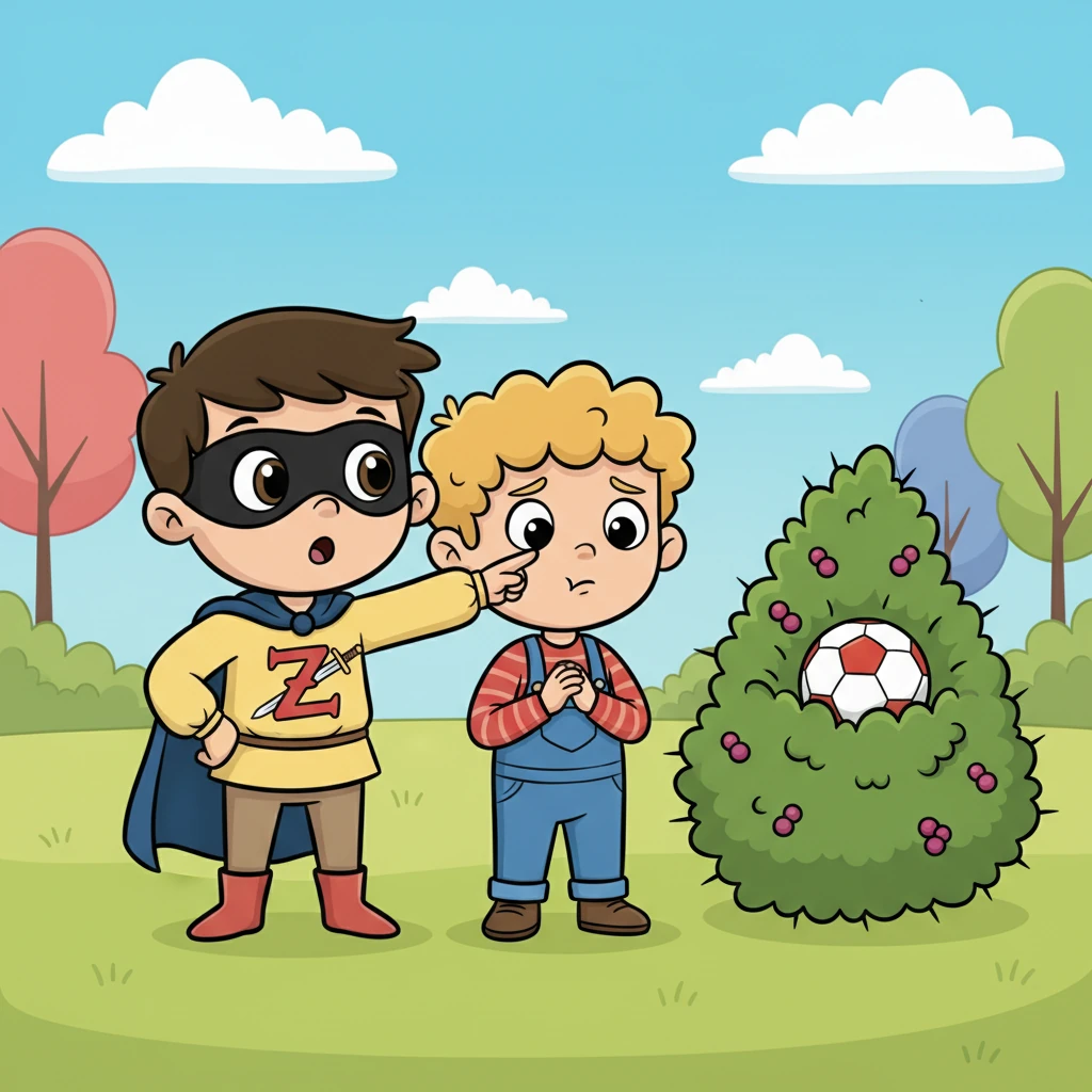 Λίγο αργότερα, στο πάρκο, ο Δημήτρης έπαιζε με τον φίλο του, τον Λέο. Ξαφνικά, η μπάλα τους πέταξε και σφηνώθηκε μέσα σε ένα μεγάλο, αγκαθωτό θάμνο. Ο Λέο στεναχώρεθηκε πολύ, μην ξέροντας πώς να την πάρει πίσω.