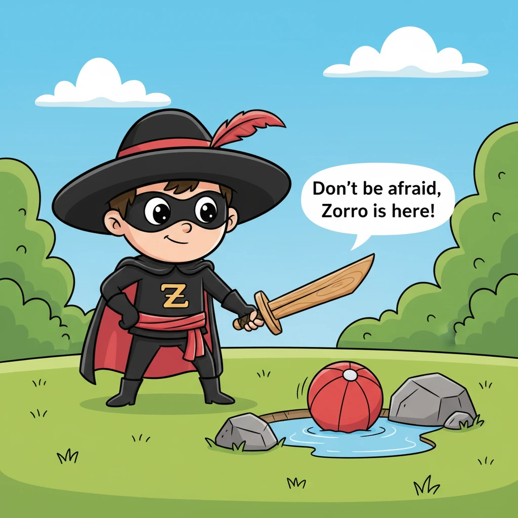 «Μην φοβάσαι, ο Ζορό είναι εδώ!» φώναξε ο Δημήτρης με θάρρος. Χρησιμοποιώντας το ξύλινο σπαθί του όχι για μάχη, αλλά ως εργαλείο, προσεκτικά άρχισε να σπρώχνει τη μπάλα. Με υπομονή και εξυπνάδα, κατάφερε να την απεγκλωβίσει χωρίς να την τρυπήσει.