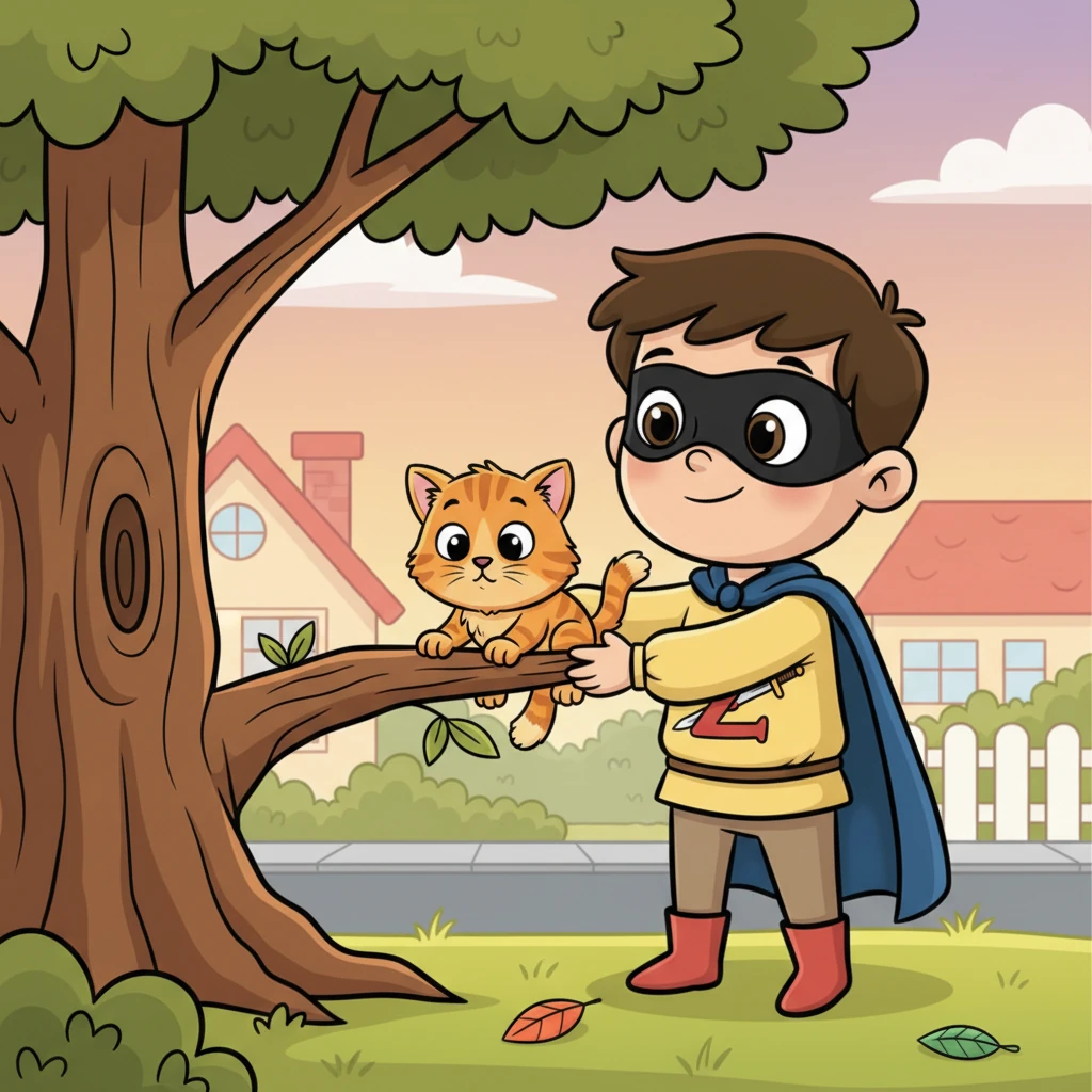 Στο δρόμο για το σπίτι, ο Δημήτρης είδε μια μικρή, φοβισμένη γάτα σκαρφαλωμένη σε ένα κλαδί δέντρου. Δεν μπορούσε να κατέβει μόνη της! Με απαλές κινήσεις και ήρεμη φωνή, ο Δημήτρης βοήθησε τη γάτα να κατέβει με ασφάλεια στο έδαφος.