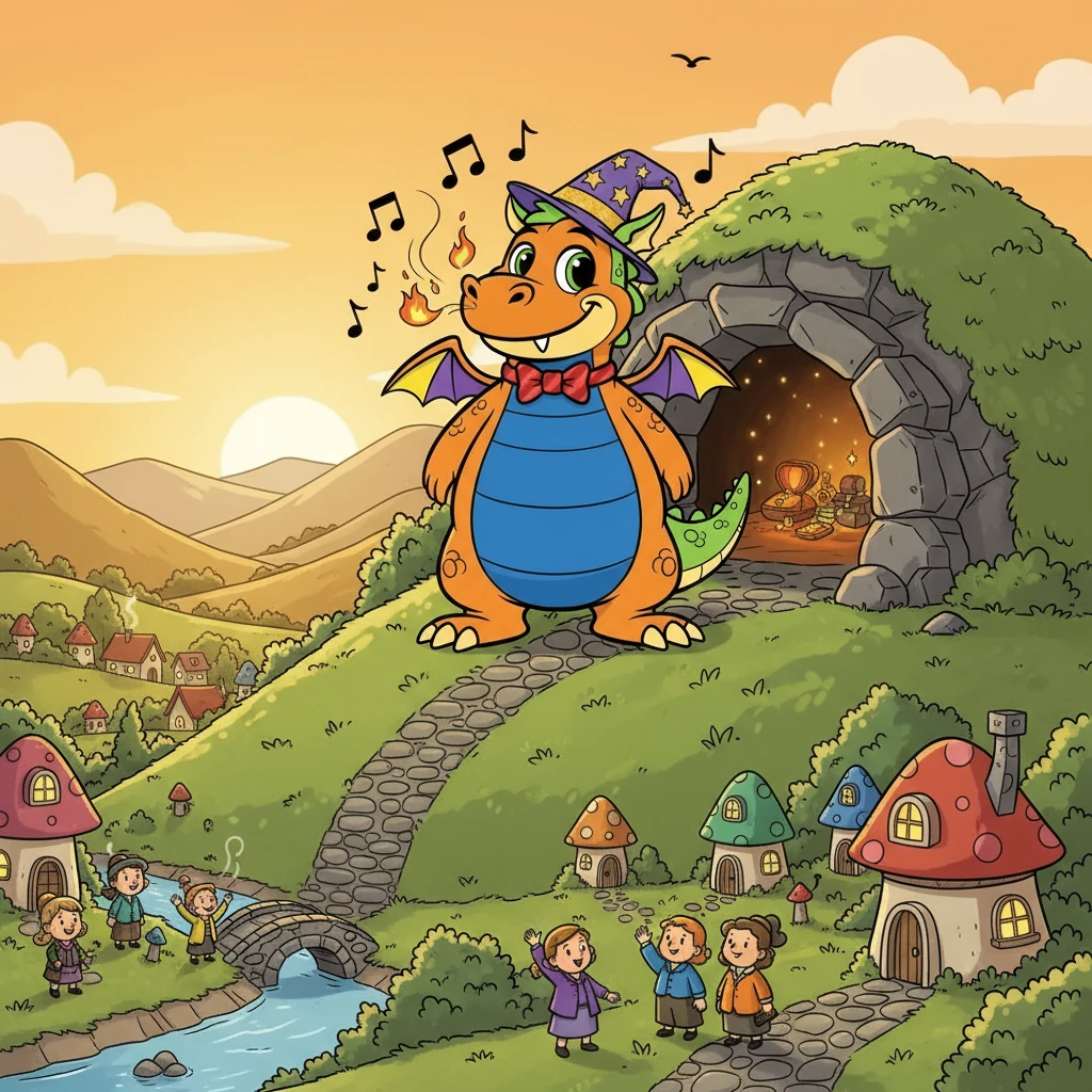 Draco the dragon lived in a cozy cave, perched on a hill overlooking a small, cheerful village. He was a friendly dragon, but the villagers were often scared because when he sneezed, flames shot out of his nose! He loved to sing and watch the world below.