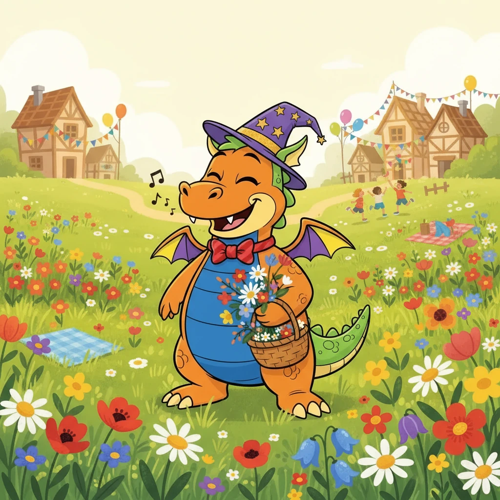 One sunny afternoon, Draco was in the meadow, picking wildflowers. He was humming a happy tune when he heard the excited chatter of children. He knew it was almost time for the spring festival, a very special time for the villagers.