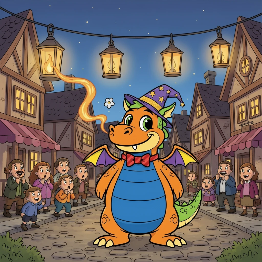 The villagers gasped as Draco approached, expecting a fiery blast. But instead, Draco took a deep breath. Fwoosh! A gentle stream of fire erupted from his nose, and lit the first lantern. Then another, and another.