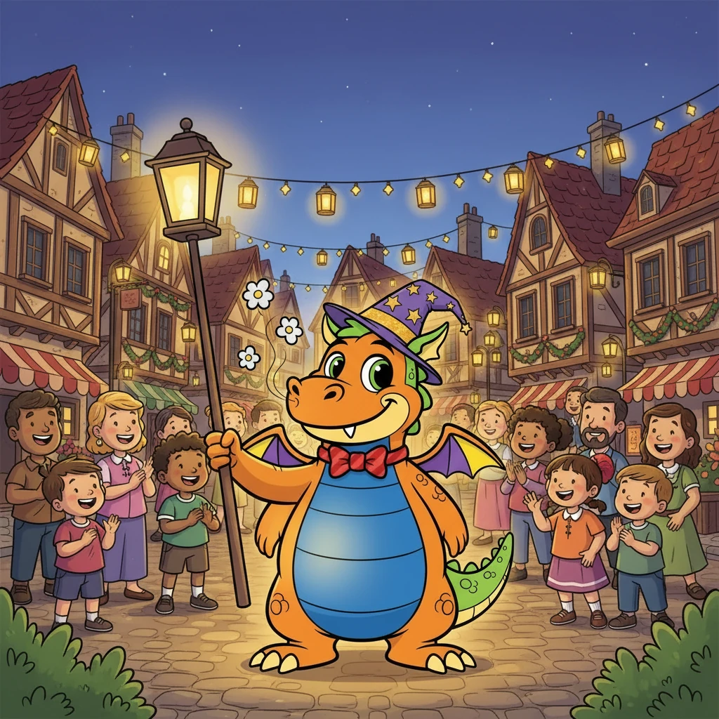 Soon, the entire town square was bathed in a warm, golden glow. The children cheered, and everyone realized Draco wasn't scary at all. From then on, Draco became the beloved lantern-lighter of the festival, a true friend to all.
