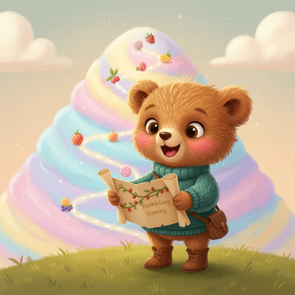 Pip, a little fluffy bear cub, held a rolled-up map tied with a berry vine. It showed a winding path up a soft, pastel mountain, dotted with yummy-looking treasures. Pip's tummy rumbled with excitement for the delicious adventure ahead.