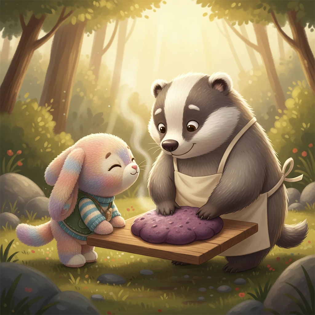 Following the map, Pip found a cozy clearing where a kind, round badger was patting purple dough. It flattened into a perfectly round Mandua ki Roti, dark and earthy, ready to offer a warm mountain hug. Pip sniffed the nutty scent with a happy sigh.