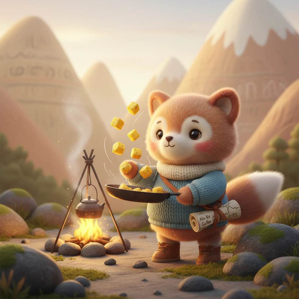 Further along, a playful fox cub was tossing golden cubes in a pan. These were Alu Ke Gutke, glistening yellow potatoes that crunched with a gentle spice. Pip imagined the mountains telling stories with each delightful bite.