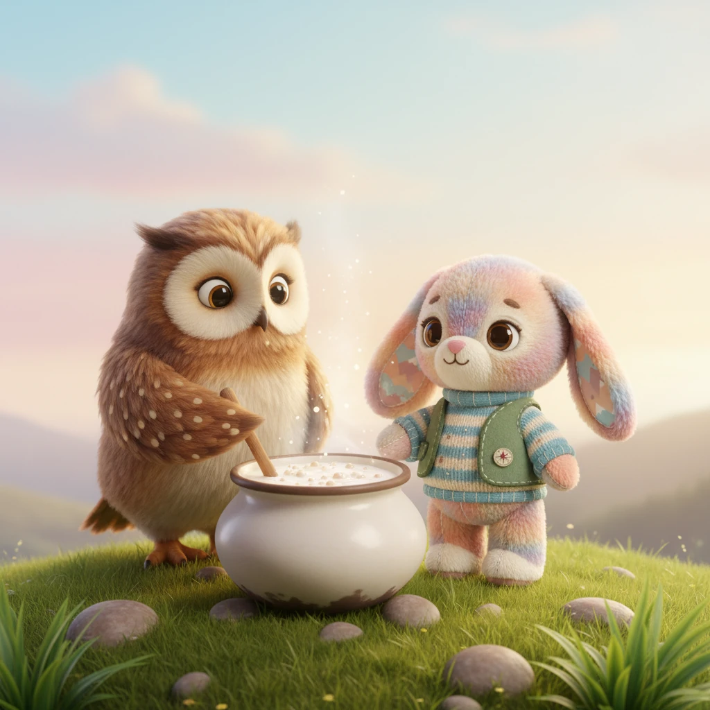 Next, Pip discovered a gentle owl stirring a creamy white pot. Inside, Jhangora ki Kheer gleamed like tiny stars, sweet milky pearls swirling softly. It looked like the coolest, softest treat under the pastel sky.