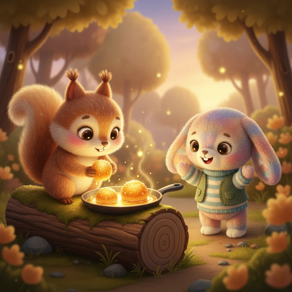 Deeper in the woods, a busy squirrel was dropping little golden dough balls into a warm sizzle. The Arsa puffed up, becoming munchy, crunchy, and wonderfully sweet. Pip knew this sweet delight would bring joy all through the night.