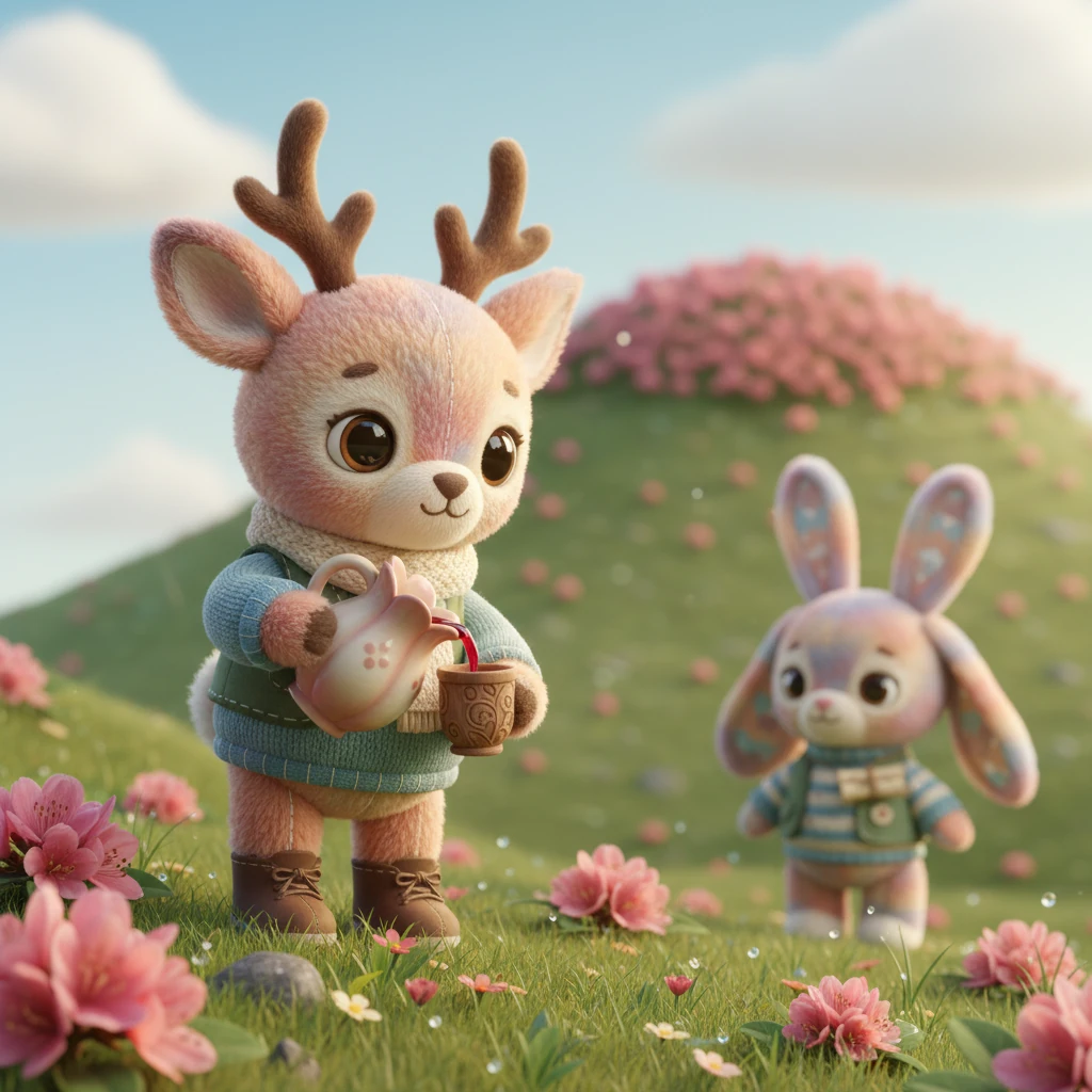 High on a sunny slope, a cheerful deer poured a crimson red drink from a flower-shaped pitcher. It was Buransh, smelling of spring and fresh morning dew, like the rosy blossoms on the mountain's head. Pip imagined a refreshing sip.