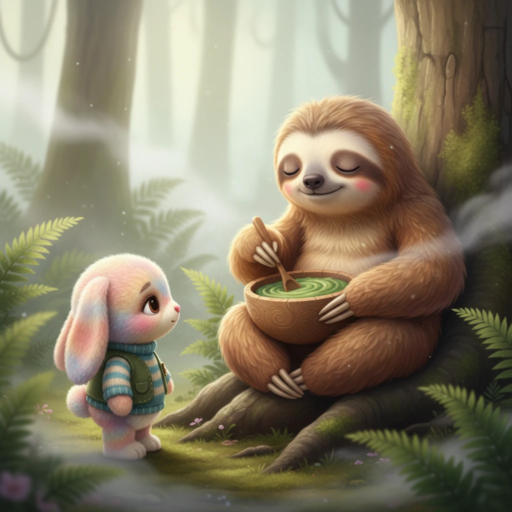 In a misty hollow, Pip watched a sleepy sloth gently spinning leafy green goodness in a bowl. This was Kaphuli, smooth and thick, the healthiest mountain dish. Pip felt a warm, comforting feeling just looking at it.