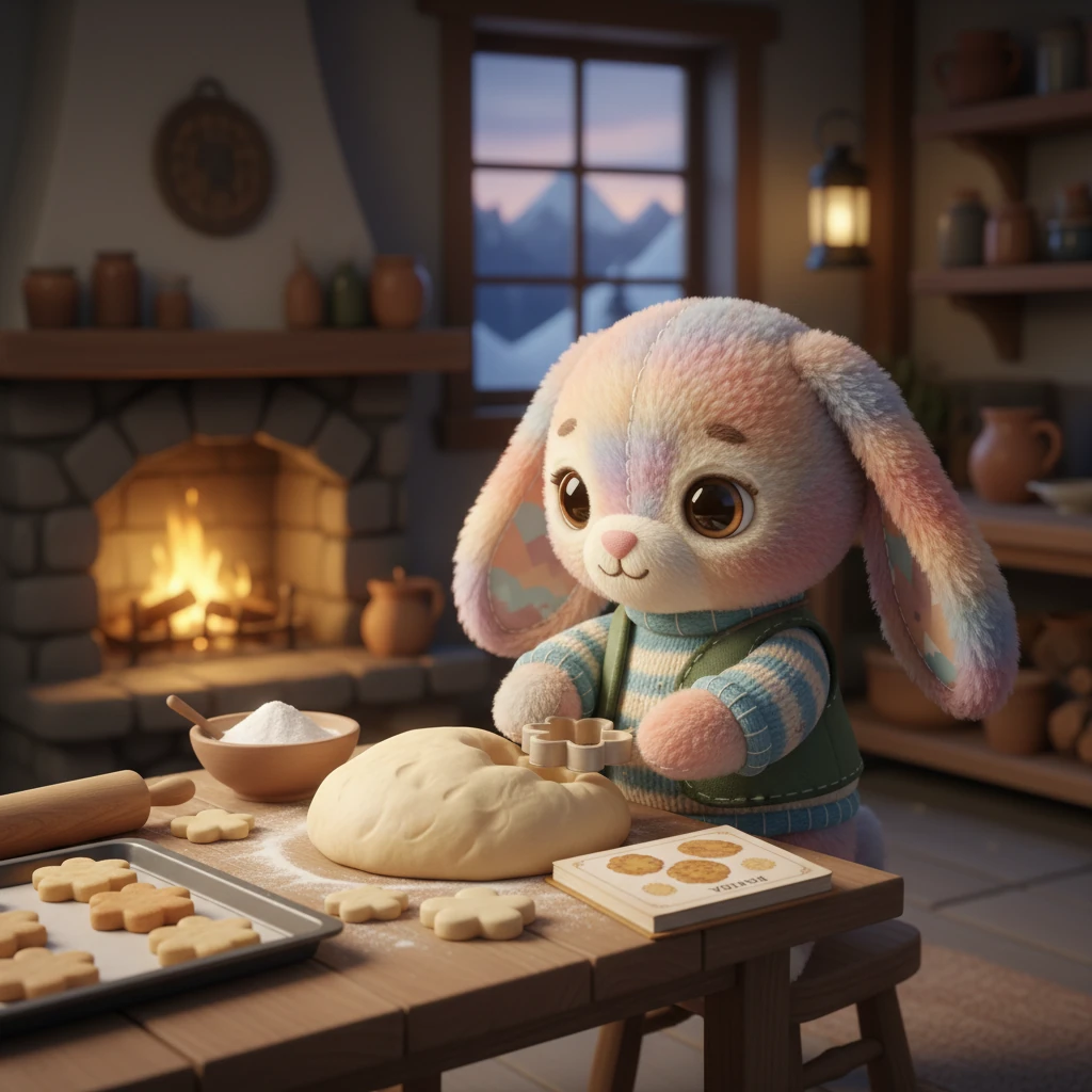 A friendly rabbit was carefully pressing dough into flower shapes. These were Rotana, deep-fried biscuits, thick and round, with a brave and bold crunch. Pip knew it would be the tastiest cookie found in the mountains.