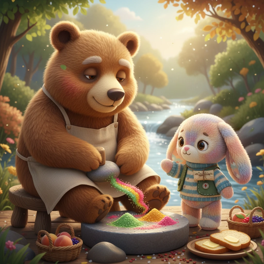 Near a sparkling stream, a wise old bear was grinding colorful spices on a heavy stone. Green, yellow, pink, and red powders swirled into Pisyu Loun, a vibrant salt for fruits and buttered bread. Pip admired the beautiful colors.