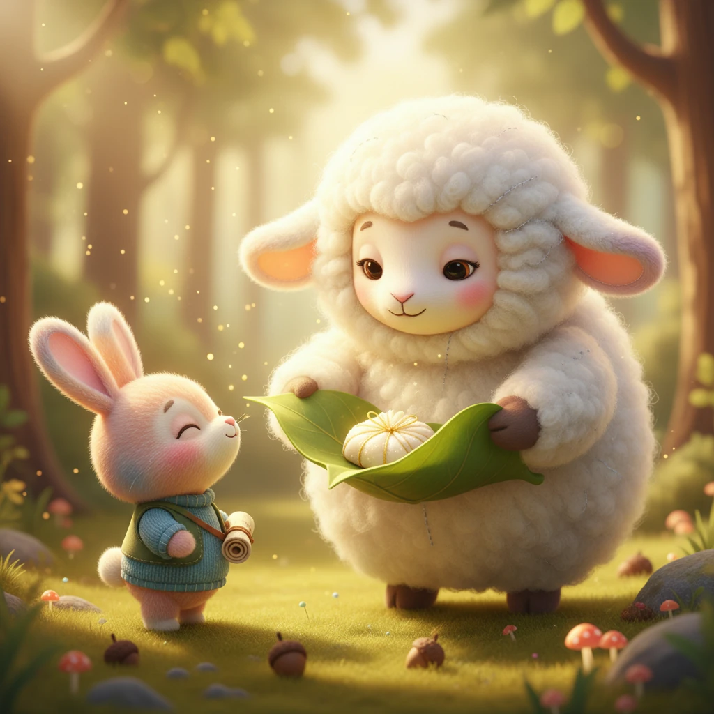 Finally, Pip reached a cozy clearing where a mama sheep was carefully folding a big green leaf. Inside was Singori, a sugary, milky treat wrapped like a precious gift. Pip sniffed the sweet forest air, knowing this was the perfect end to a delicious journey.