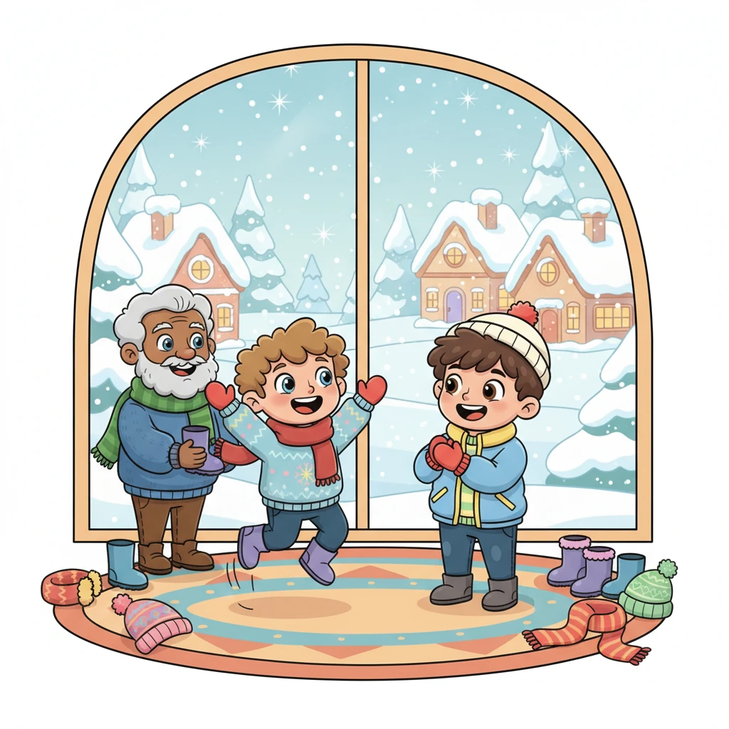 The world outside sparkled under a fresh blanket of snow that had fallen all night. Trees wore fluffy white caps, and houses looked like gingerbread cottages dusted with sugar. Inside, young Kai bounced with excitement, ready for a special winter adventure with his father and elder brother.
