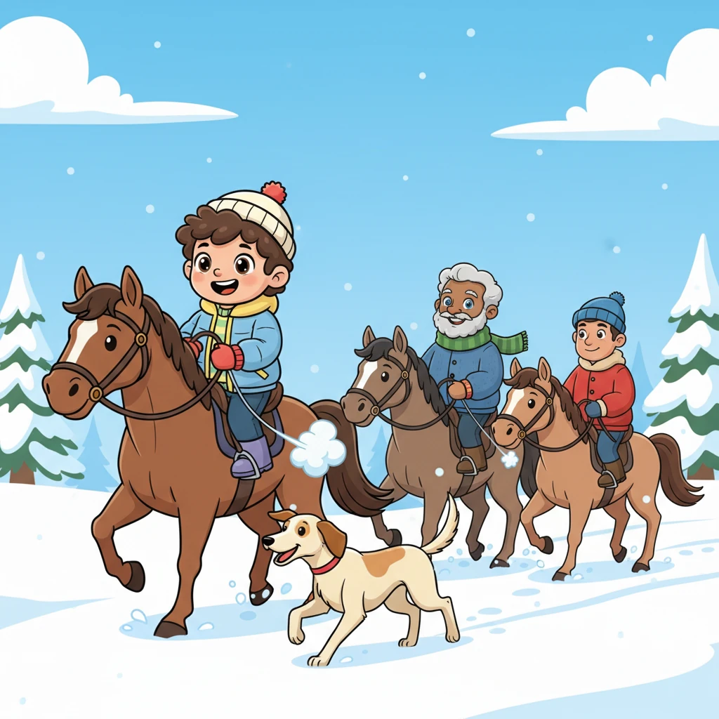 Our family and the neighbor uncles mounted our strongest, swiftest horses, their breath puffing white in the crisp air. Kai, feeling brave on his second big hunt, smiled wide as our loyal Tazy dog, Swift, trotted eagerly beside them. The whole group set off, a cheerful procession against the snowy backdrop.