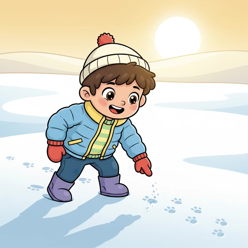 The sun shone bright and warm, making the vast snowy landscape shimmer with a peaceful quiet. It wasn't long before Kai pointed, spotting clear tracks of a sly fox and nimble rabbits etched perfectly in the fresh, untouched snow. Their hearts thumped with anticipation, knowing their prey was near.