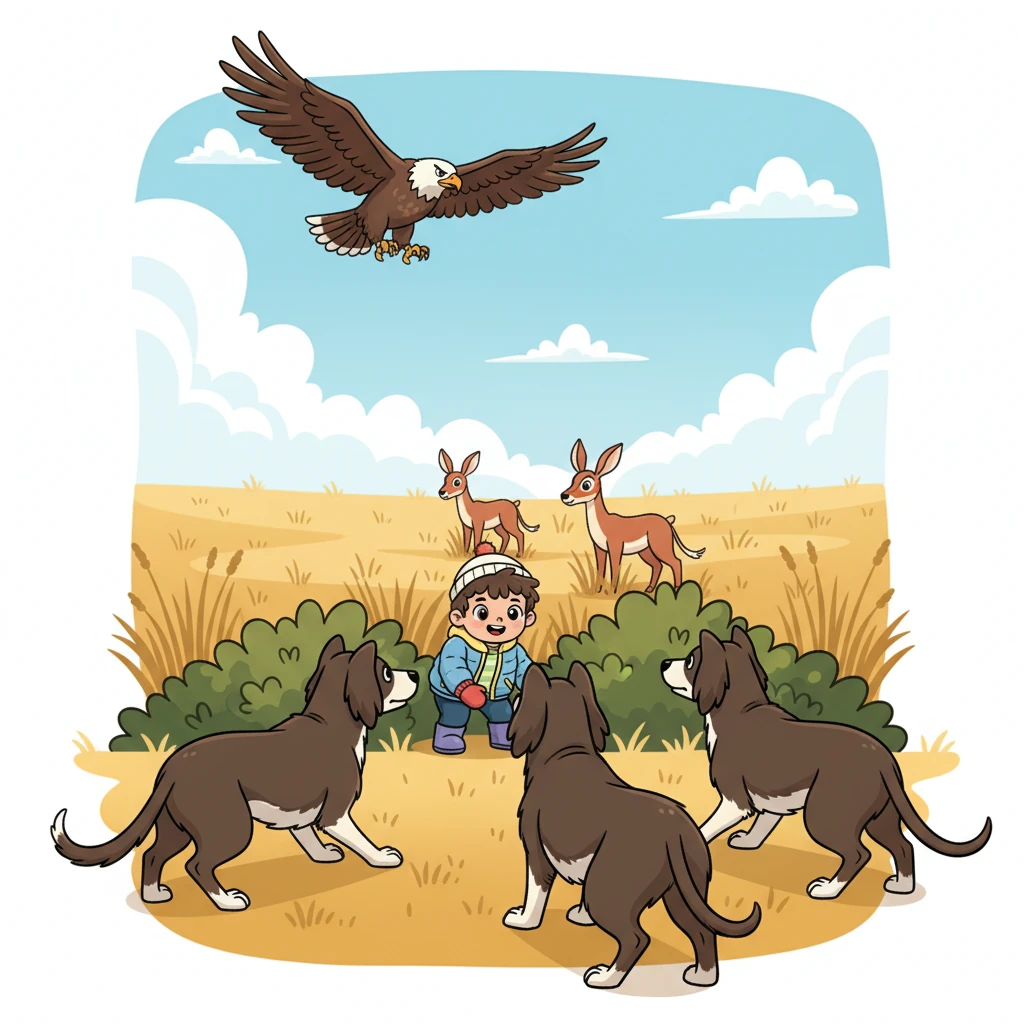 Soon, their keen eyes spotted the animals themselves – a flash of russet fur, a twitch of long ears in the distance! Kai’s magnificent eagle, soaring silently overhead, watched with sharp eyes, ready for its moment. Swift and the other Tazy dogs crouched low, their powerful muscles coiled.
