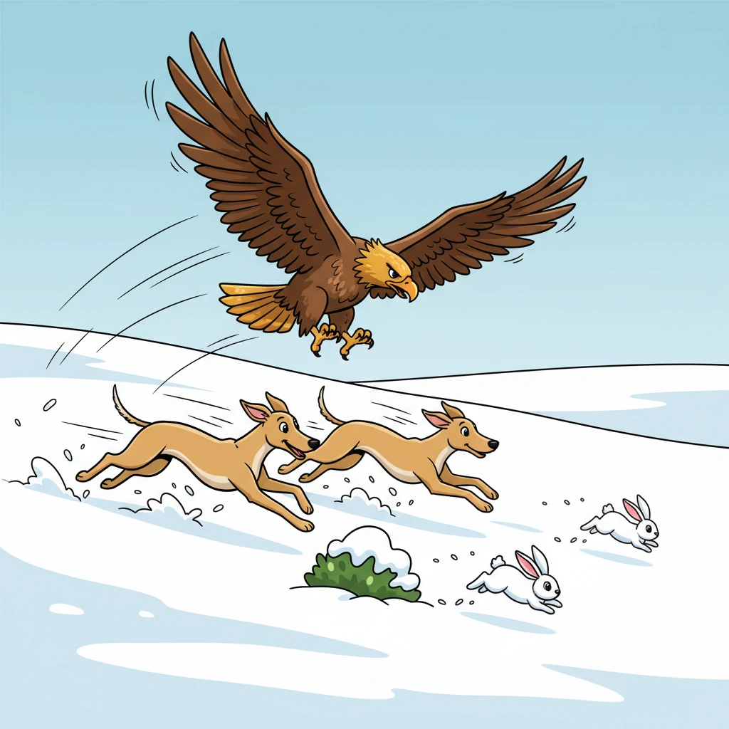 With a whoosh, the eagle was released, soaring down with incredible speed and grace. The Tazy dogs, a blur of motion, bounded through the snow, hot on the trail of the quick rabbits. It was an amazing display of strength and agility, a thrilling chase across the white plains.
