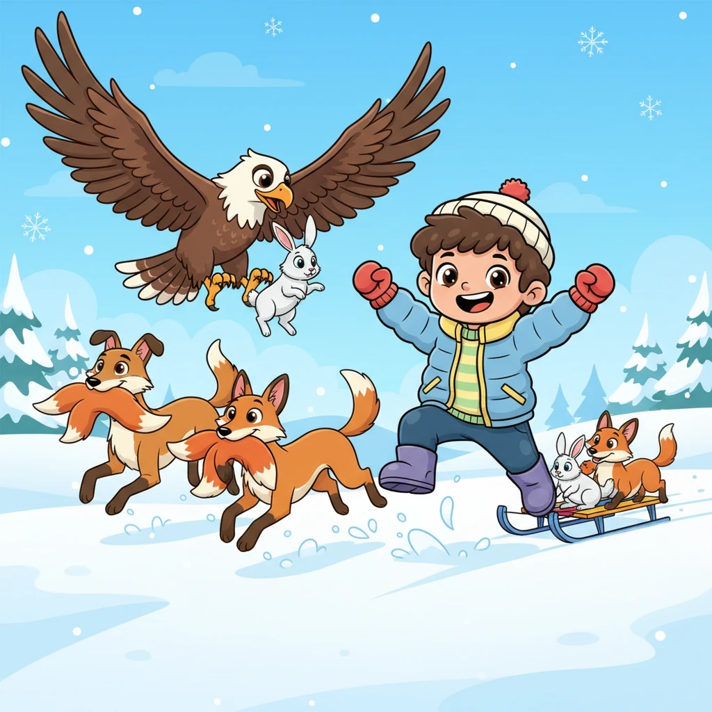 What a day! They had successfully caught five fluffy rabbits and three clever foxes, all thanks to the incredible skill of their magnificent eagle and the swift Tazy hounds. Kai cheered, knowing that winter hunting was truly the most exciting adventure of all.