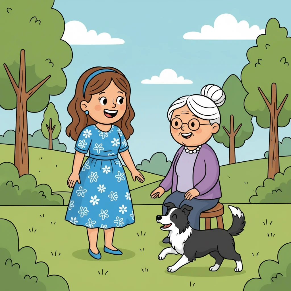 Lilou, élégante et souriante, discute avec sa grand-mère, tandis que son chien Leypsi, un border collie affectueux, gambade autour d'eux.