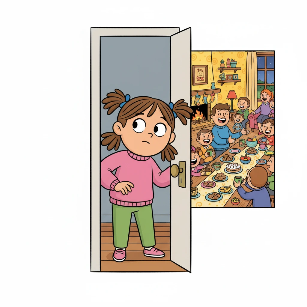 Elle entend des voix venant du salon. Intriguée, elle s'approche prudemment.