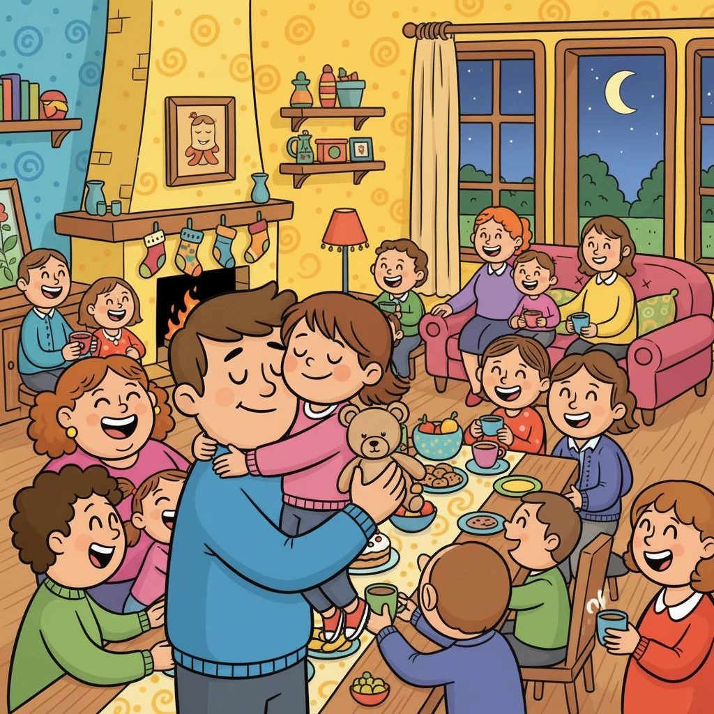 Son père la prend dans ses bras, et elle se sent réconfortée.