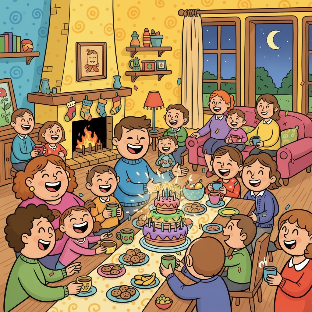 Un grand gâteau d'anniversaire apparaît, et la fête recommence avec joie.