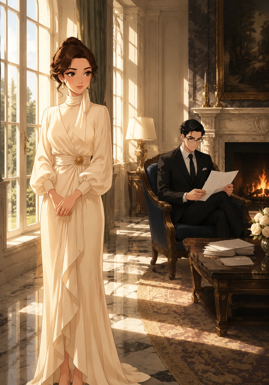 Soft morning light filters through the grand windows of the Williamson Estate, illuminating Amara in her cream silk gown. Across the marble-floored sitting room, Elias sits by the fireplace, his focus buried in financial reports while the mansion breathes with a quiet, ancient energy.