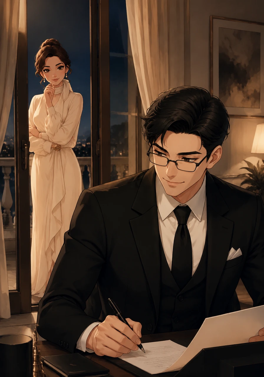Amara watches Elias from the balcony doors, her gaze lingering on the sharp line of his jaw and the way his glasses rest low on his nose. He calls her out for staring without even looking up, a small, knowing smile tugging at the corners of her lips as the room feels suddenly warmer.