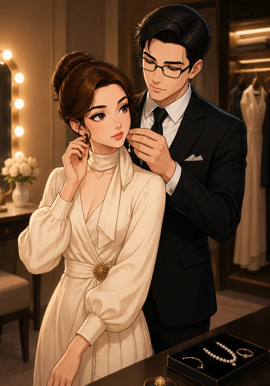 In the privacy of their dressing room, the silence is heavy as Amara questions Elias about the performance while removing her jewelry. Elias moves behind her, his hands steady as he takes the earrings from her fingers, his voice a soft murmur that acknowledges he notices far more than he lets on.