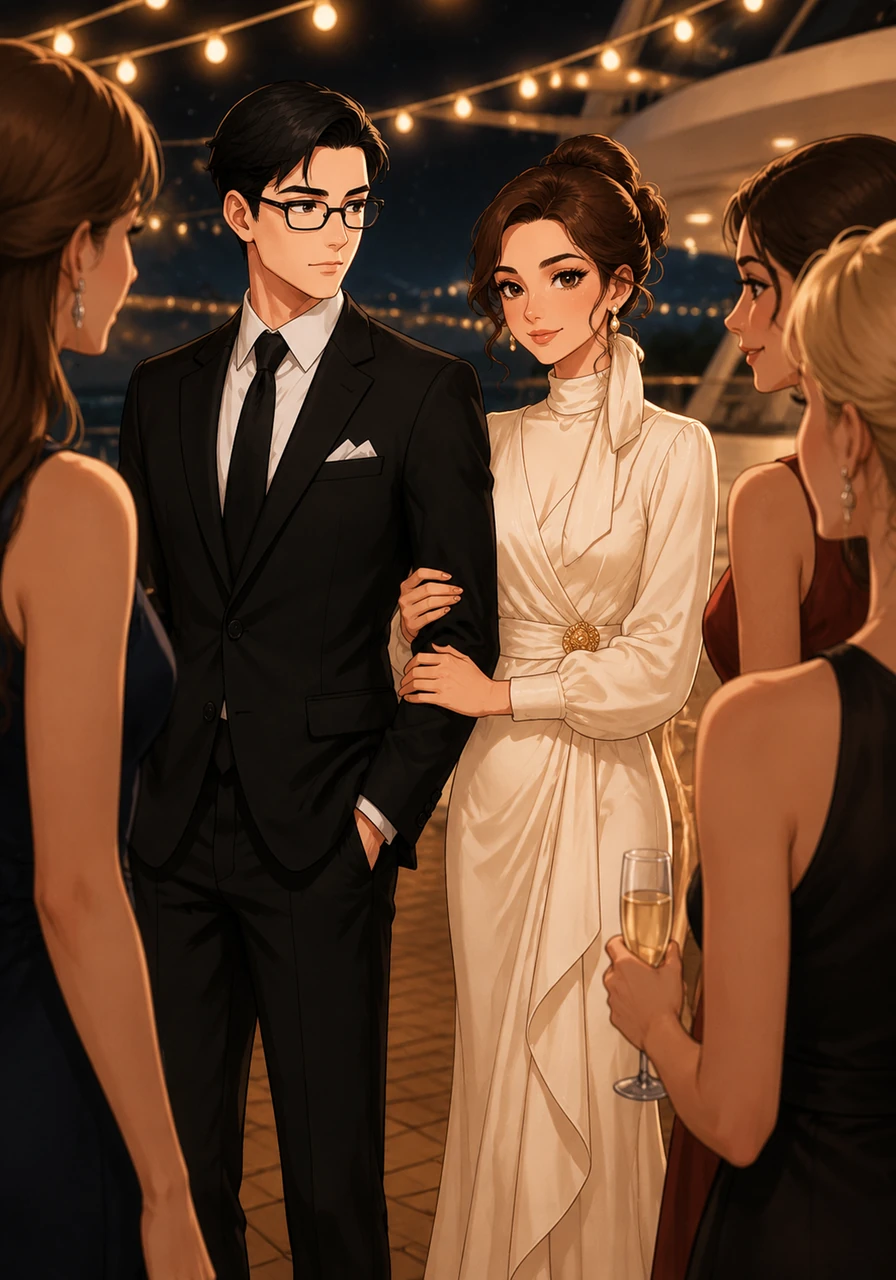 Amara glides back to Elias's side beneath the golden string lights of the deck, her hand resting possessively against his arm. With a single, polite smile directed at the women surrounding him, she wordlessly reclaims her territory, ensuring her presence is the only one that truly matters.