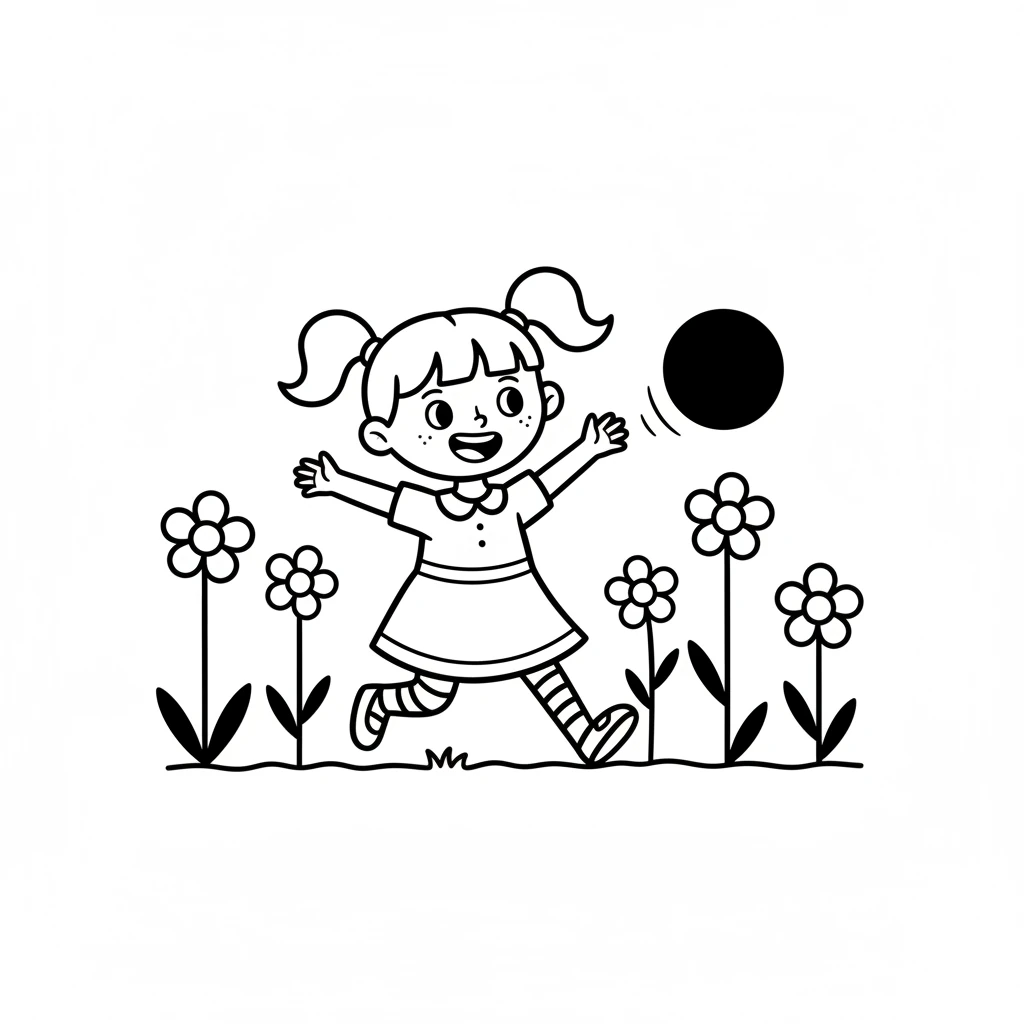 Lily is in her sunny garden. She has a big smile and is playing with a bright red ball. The flowers around her are simple shapes, reaching for the sky.